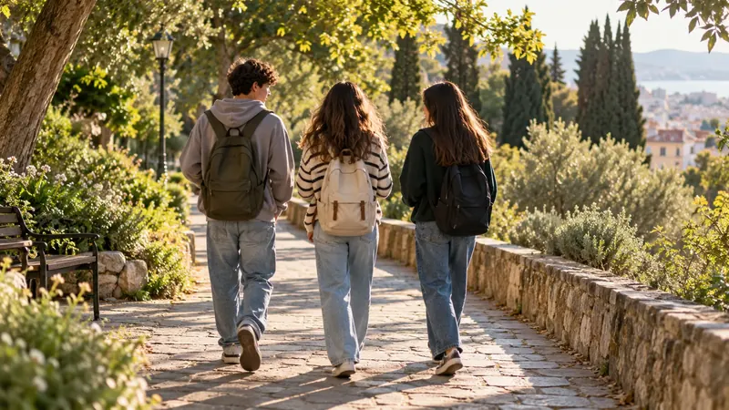 המחשה של שלושה בני נוער עם תיקים הולכים יחד בשביל בין עצים