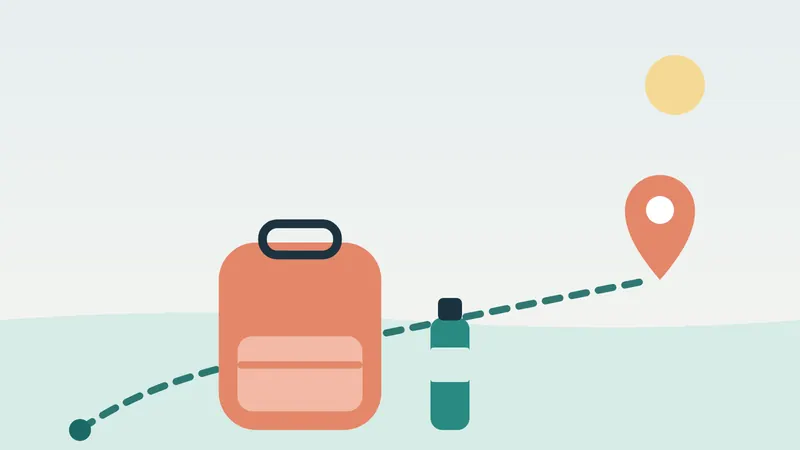 איור: שביל מסומן עם נקודת יעד, תרמיל ובקבוק מים